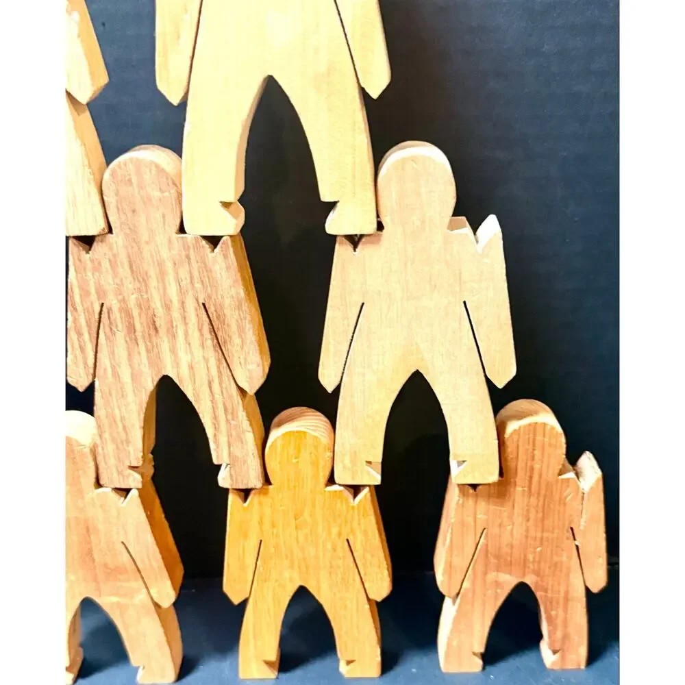 Wooden Stacking Dudes interlocking human shaped made of multiple woods
